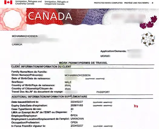 ورک پرمیت کانادا آقای محمد حسین